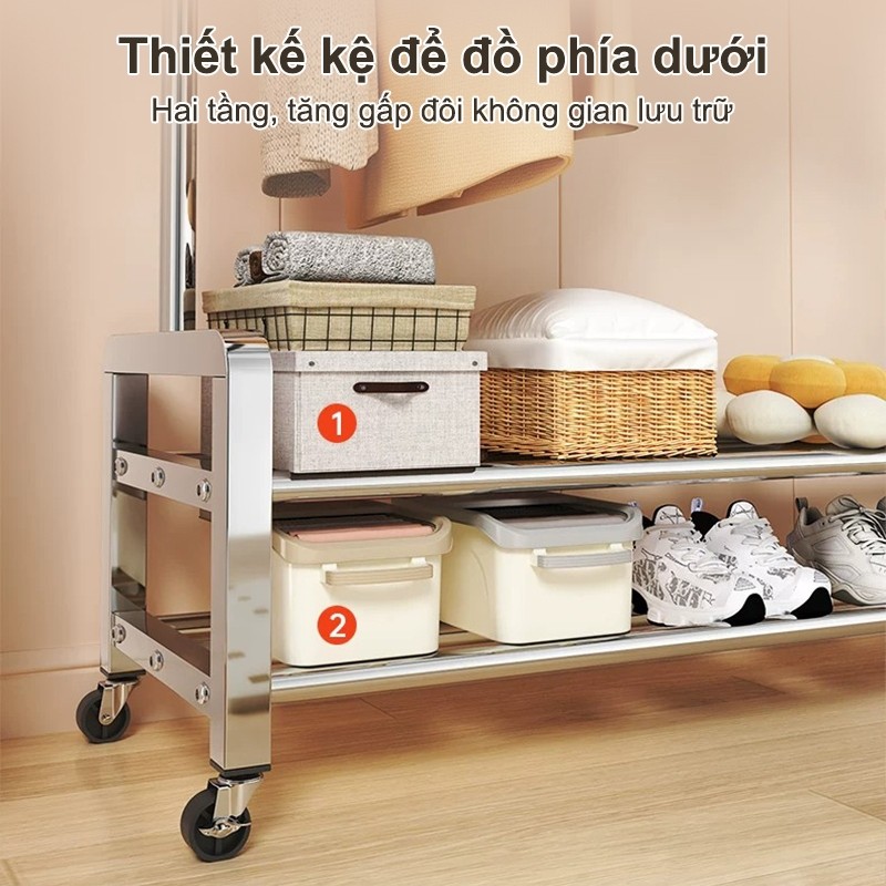𝐎𝐥𝐢𝐟𝐞 Giá treo quần áo inox dày 2 tầng bánh xe độ chống gỉ giá phơi đồ đa năng chứa giày mũ túi cho phòng