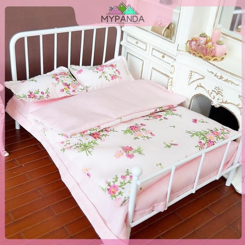 MYPANDA Bộ giường thu nhỏ 1/12 cho nhà búp bê: 4 món ga trải, trang trí phòng ngủ búp bê