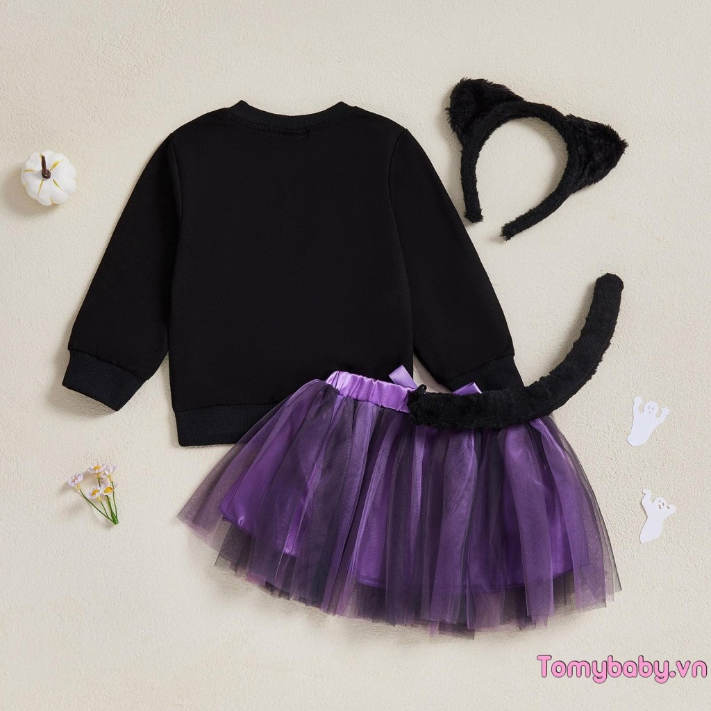 Bộ trang phục Halloween cho bé gái mới biết đi Áo thun in hình mèo + Váy chữ A Mini vải tuyn + Đuôi + Băng đô Bộ 4 chiếc