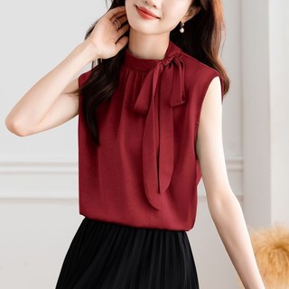 Đứng Cổ Nơ Phối Ren Voan Áo Sơ Mi Nữ Mùa Hè Thời Trang Sang Trọng Người Nổi Tiếng Không Tay Áo Sơ Mi Nhỏ Sang Trọng Top