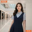 Đầm thiết kế BEMINE cổ sơ mi giả yếm phối sọc dáng chữ A phù hợp đi làm-B138