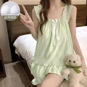 Bộ Đồ Ngủ Nữ Mùa Hè Mẫu Mới Đám Mây Đệm Ngực Áo Yếm Quần Đùi Có Thể Mặc Bên Ngoài Đồ Mặc Nhà Theo