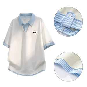 Áo thun ngắn tay cổ chữ V cổ chữ V giả hai mảnh phong cách Mỹ dành cho nam và nữ