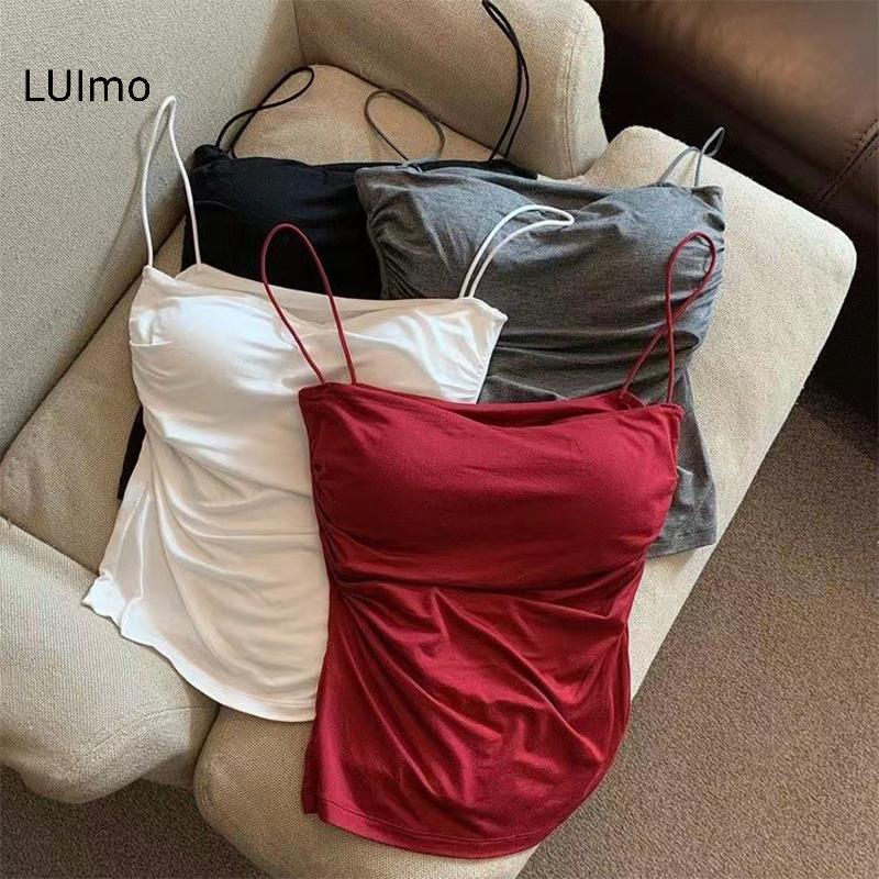 LUImo Gợi Cảm Chắc Chắn Xếp Ly Xe Tăng Camisole Nữ Mùa Hè Spaghetti Dây Không Tay Áo SBS