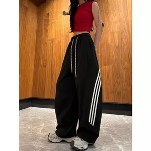 Quần ống rộng sọc mỏng mùa hè Slimer Look All-Match Quần thể thao khâu eo cao Quần thường ngày