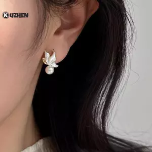 Bông tai ngọc trai lá rụng dầu kim bạc KUZHEN, Bông tai ngọc trai thanh lịch dành cho nữ Món quà trang sức thời trang HOT