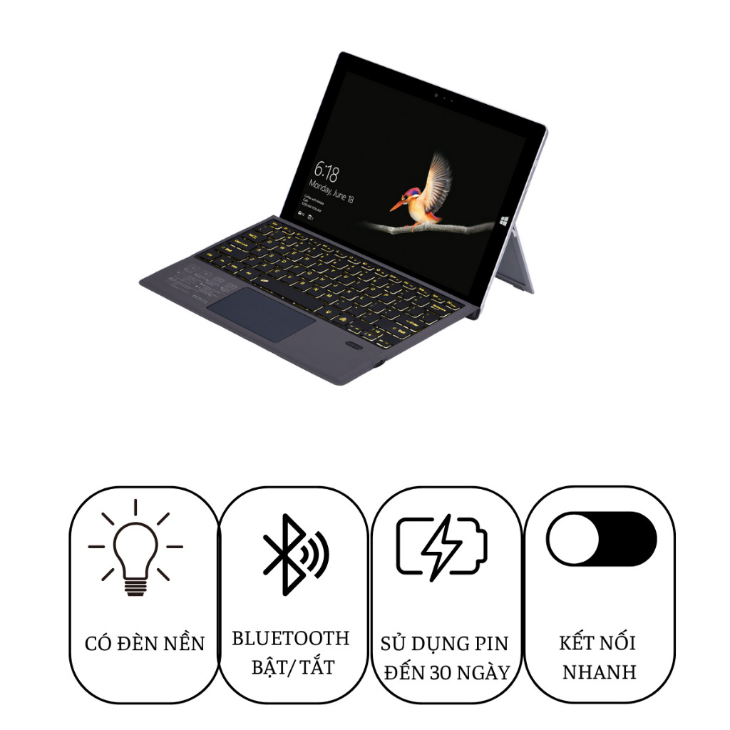 Bàn phím Surface kết nối Bluetooth Có đèn nền cho Surface Pro 3/4/5/6/7, Pro8/9/ X/ 10/11 GO/GO2/GO3/GO4 New 100%