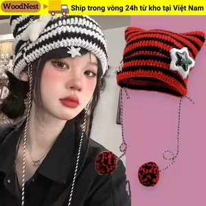 Mũ ác quỷ ngôi sao WOODNEST, Y2K Mũ beanie Y2K sọc dễ thương, Mũ nữ dệt kim Mũ beanie mùa thu đông