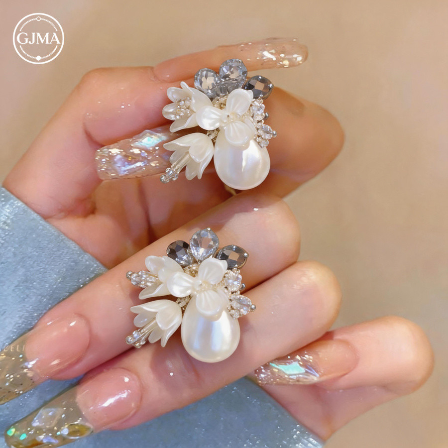 Bông tai ngọc trai hình giọt nước hoa pha lê Phụ kiện cao cấp đa năng thanh lịch