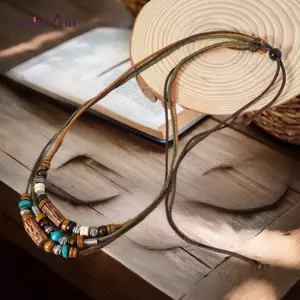 AqToCna 2 Cái / bộ Nhiều Lớp Vintage Hạt Gỗ Mặt Dây Chuyền Da Đính Hạt Dệt Cầu Nguyện Nelace & Vòng Tay Trang Sức Thời Trang Quà Tặng AqToCna