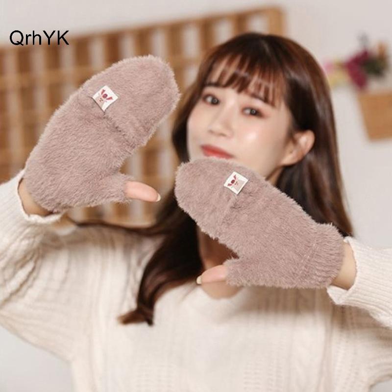 Thời Trang Nhà Máy Mùa Đông Nữ Găng Tay Lật Nửa Ngón Sinh Viên Cô Gái Dễ Thương Hoạt Hình Warmfortable Mềm Mại Phong Cách Thi Đan Găng Tay QrhYK