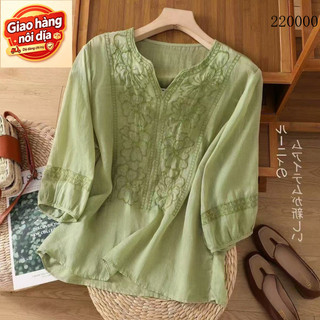 Giao hàng nội địa từ Việt Nam  Áo sơ mi vải lanh thêu màu xanh lá cây nhạt, 3/4 tay cổ chữ V - Thời trang hàng ngày