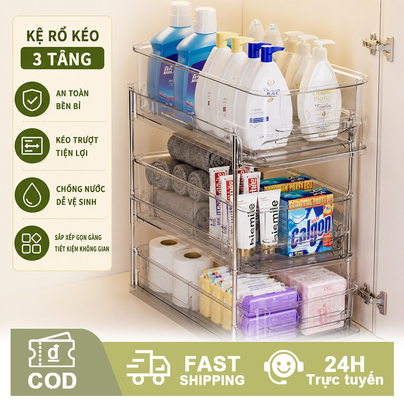 Kệ Rổ Kéo Trong Suốt 2/3 Tầng, Giá Để Đồ Dưới Bồn Rửa Tủ Bếp Phòng Tắm, Nhựa Cao Cấp