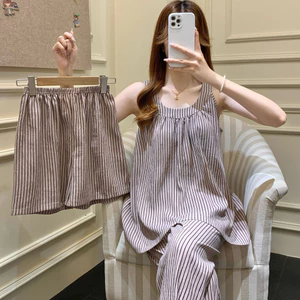 Bộ đồ ngủ sọc ba mảnh dành cho nữ có áo ngực tích hợp Áo Vest và quần dài cho đồ ngủ trong nhà hàng ngày vào mùa hè