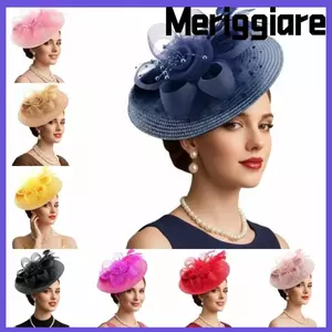 Mũ Fascinator MERIGGIARE, Ruy Băng Lưới Hoa Thanh Lịch Tóc Thả Fascinator Mũ Lông Vũ Cưới Cô Dâu