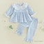 6M-4Y Bé Gái Mùa Thu Trang Phục Cổ Búp Bê Kẻ Sọc Cổ Áo Dài Tay Với Xù Viền Quần 2 Chiếc Bộ