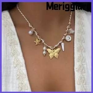Vòng cổ dây buộc MERIGGIARE, Vòng cổ vỏ ốc xà cừ rùa Boho, Mặt trời sao biển quyến rũ ngọc trai mặt dây chuyền vòng cổ nữ