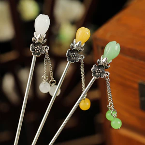WHX-Antique Kẹp Tóc Giả Hetian Ngọc Hoa Bud Kẹp Tóc Cánh Hoa Kim Loại Hợp Kim Kẹp Tóc Nữ Sườn Xám Hanfu Phụ Kiện Cuộn Phụ Kiện Tóc