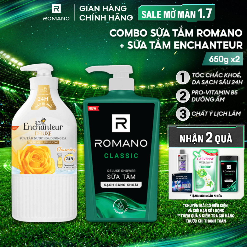 [COUPLE SET] Sữa tắm nam Romano hương nước hoa Classic & Sữa tắm nước hoa Enchanteur Charming 650g