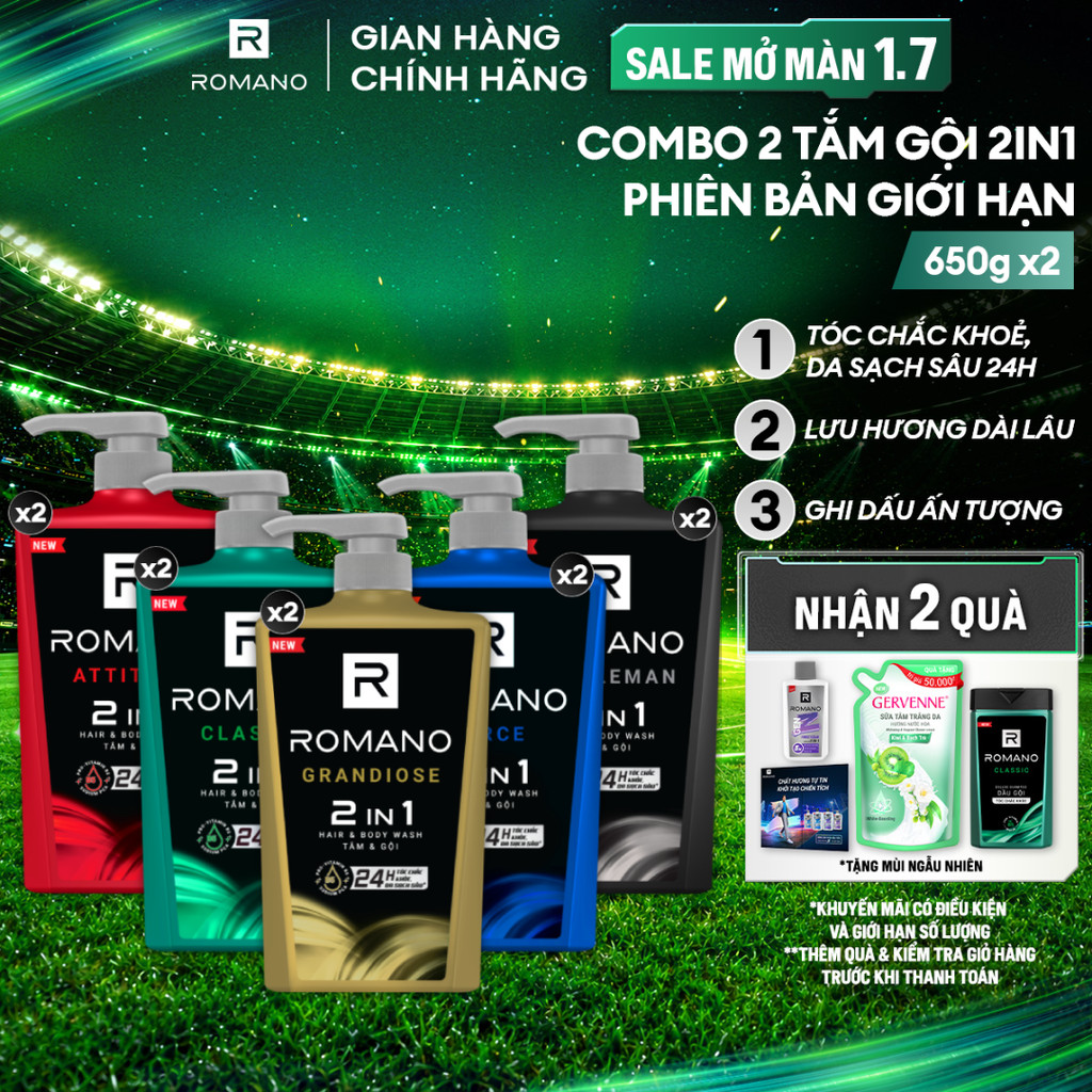 Combo 2 Tắm gội cho nam 2 trong 1 Romano Attitude/Gentleman/Force/Classic 2in1 (650g x 2)
