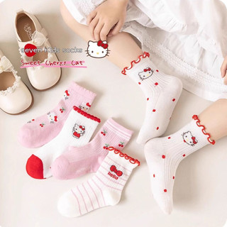 Bộ tất cotton mỏng thoáng khí Hello Kitty cho bé gái – Vớ lưới trung cổ viền hoa dễ thương 5 đôi