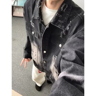 Áo khoác denim nam ESEA thiết kế rách hạng nặng, phong cách Mỹ, chất lượng cao.