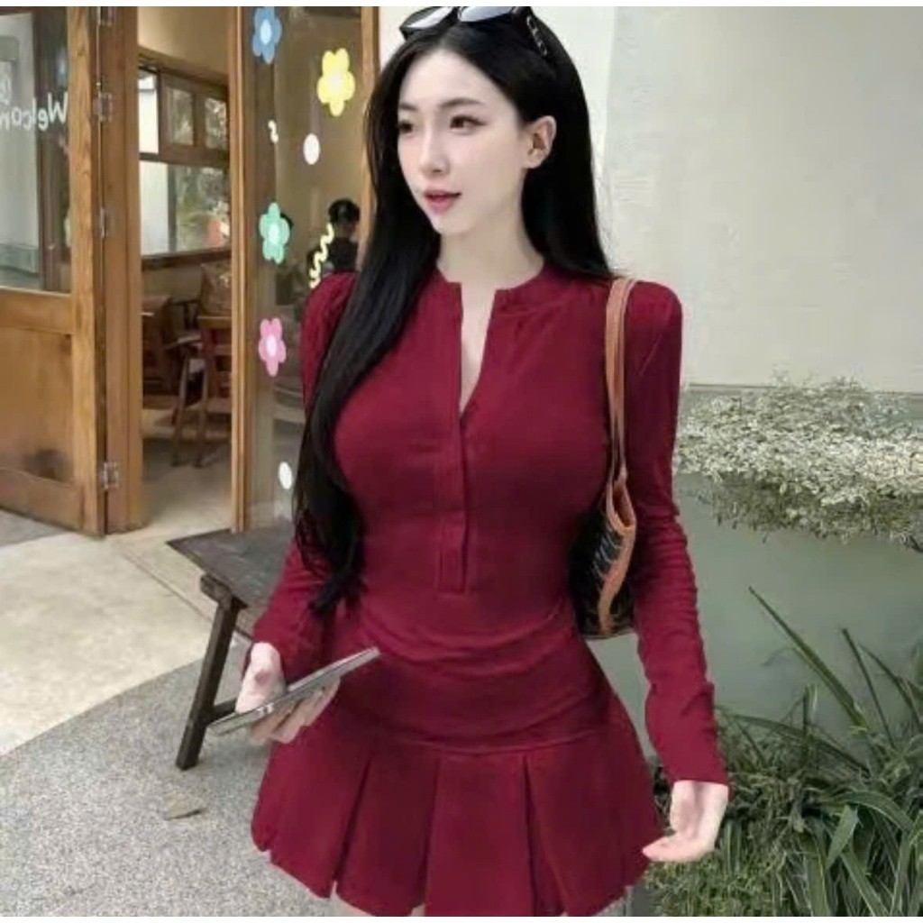 Set Áo Dài Tay Cổ Đính Nút Kèm Chân Váy Xếp Ly Có Quần Bảo Hộ Bigsize – Thun Tăm Lạnh Dày BS049