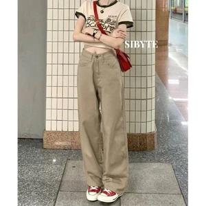 Sibyte- SẴN HÀNG - Quần Jeans Nữ Ống Suông Rộng Dáng Rủ Màu Be Tôn Dáng Thiết Kế Độc Đáo Phong Cách Hàn Quố