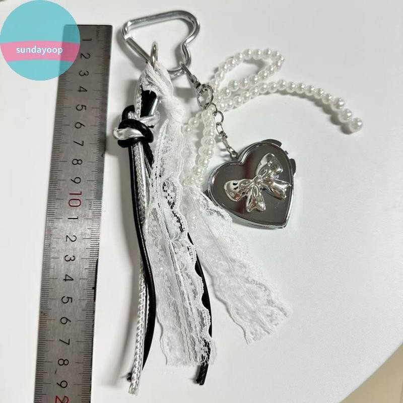 SUND Y2K Ngọc Trai Thời Trang Nơ Bạc Trái Tim Gương Móc Khóa Mặt Dây Chuyền Thời Trang Tinh Tế Nữ Tính Móc Khóa Túi Quyến Rũ Cho Bé Gái Quà Tặng VN