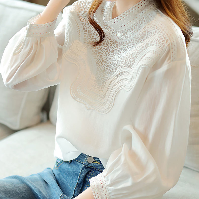 Cổ Đứng Rỗng Áo Sơ Mi Trắng Nữ Phong Cách Thanh Lịch Pháp