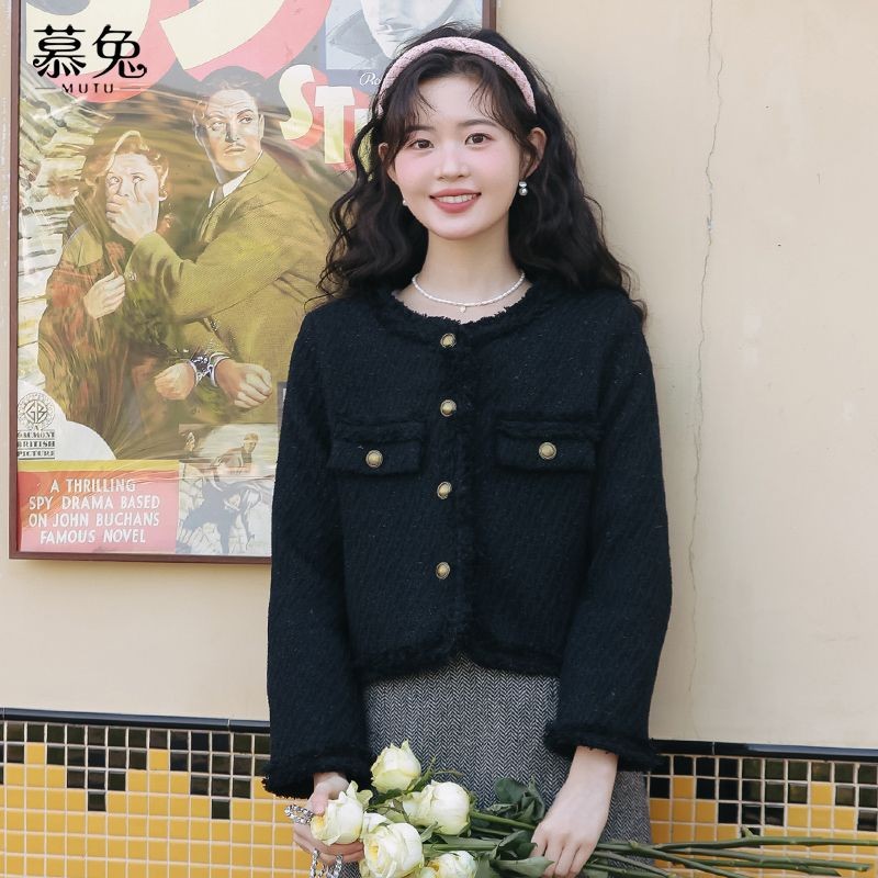 Mutu Retro Đỏ Cổ Tròn Áo Khoác Ngắn Nữ Mùa Xuân 2026 Phong Cách Mới Pháp Retro Tweed Top