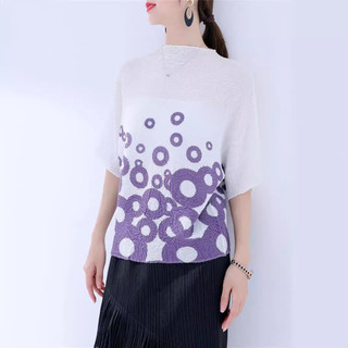 Miyake Áo Thun Nữ Xếp Ly Xuân Hè, Co Dãn, Thiết Kế In Hình