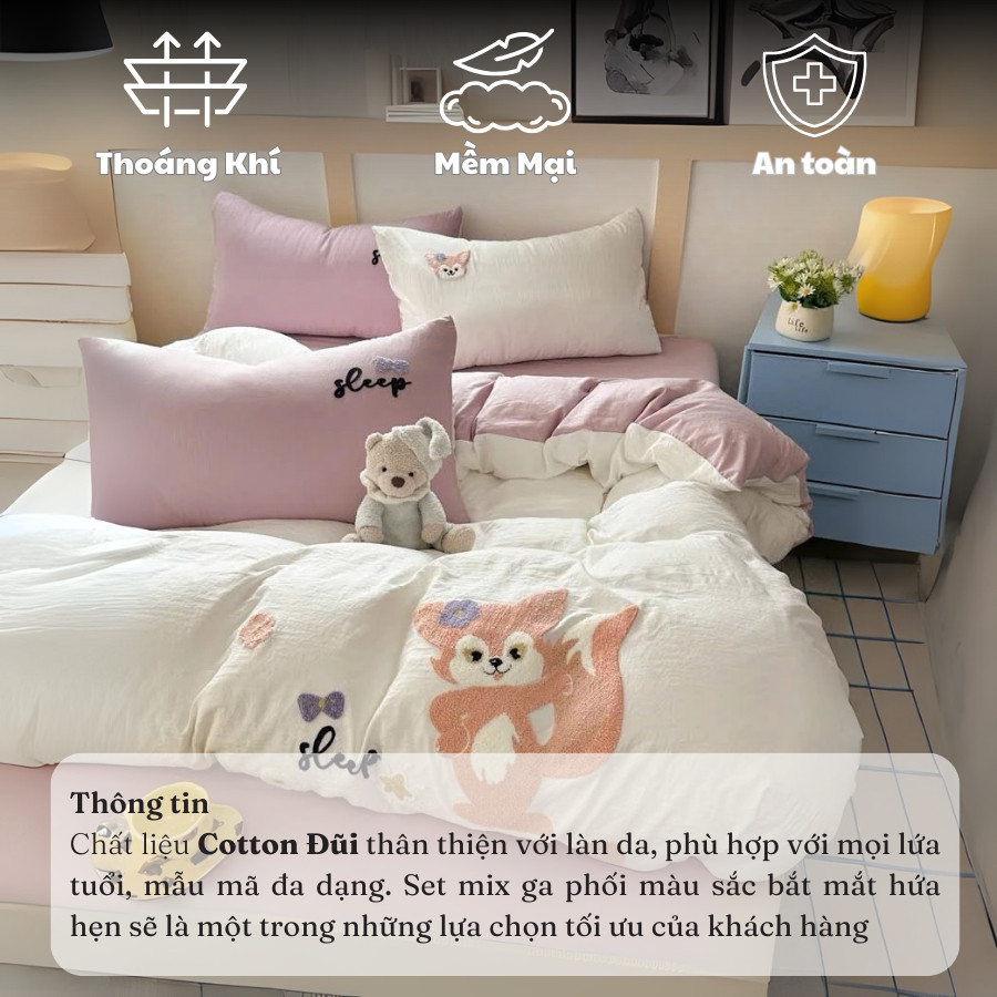 Bộ vỏ chăn ga gối Cotton Đũi Thêu 4 món Memminbedding Luxury họa tiết 5D dễ thương, mềm mịn, thoáng mát- ST312