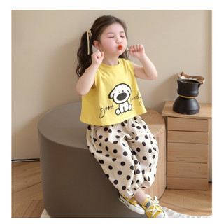 Bộ đồ bé gái mùa hè dễ thương - Áo thun in hình chó + quần chấm bi rộng rãi