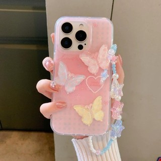 Ốp điện thoại Ins Gradient Bling + Bướm 3D + Dây buộc cho IPhone 11 16 15 14 13 12 Pro Xs Max XR X 7 8 Plus Vỏ viền lấp lánh Vỏ siêu mỏng Vỏ bảo vệ TPU mềm