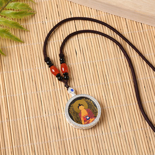 Hai mặt thangka Gawu vẽ tay Manjusri xanh với mẹ Amitabha, đựng trong hộp bạc tròn - kích cỡ 25.9cm và 30cm