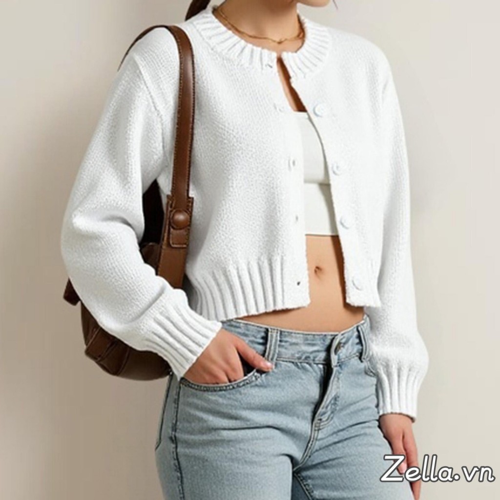 Áo len Cardigan cổ tròn dài tay màu trơn cho nữ mùa thu