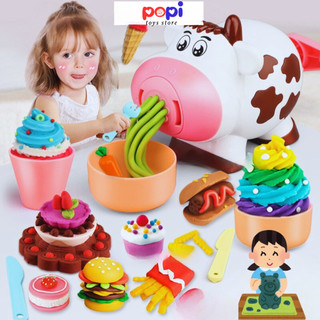 Máy Làm Đất Nặn Bằng Bột Mỳ Hình Bò Sữa Cho Bé Hagykid Bộ Kèm 8 Hộp Màu Và Các Khuôn Đẹp Mặt - POPITOYS