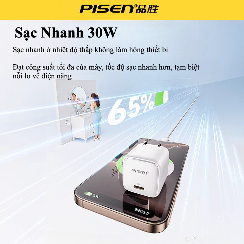 Bộ Sạc nhanh PISEN 30W GaN PD - Không nóng gắt củ - nhỏ gọn -  Tương thích nhiều dòng máy - Bảo hàng 6 tháng