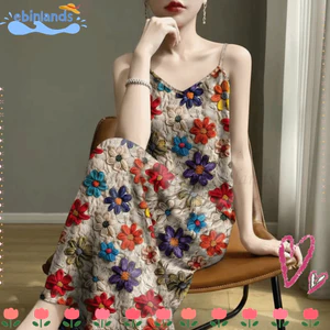 Đầm hoa mùa hè EBINLANDS, Dây đeo Spaghetti Váy không tay nữ phong cách Bohemian, Đầm yếm cổ chữ V dài vừa phải thời trang để mặc trong nhà và ngoài trời