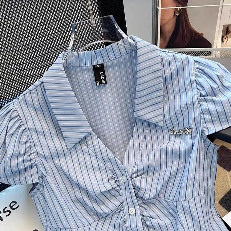 [Ưu đãi đặc biệt trong thời gian có hạn] Áo sơ mi thiết kế ngắn tay polo sọc phong cách Preppy xếp ly mùa hè Phong cách mới Sweet Spicy All-Match Top