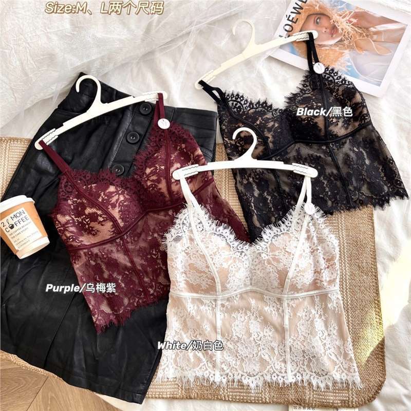Áo ngực nhỏ dễ thương Top ngắn | Ren Pháp Đẹp Lưng Áo Tam Giác Cốc Camisole Nguyên Chất Desire Phong Cách Bên Ngoài Cổ Chữ V Slim-Fit