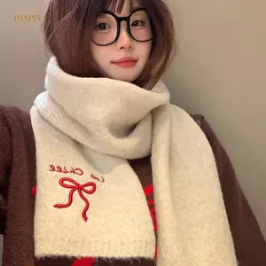 PNPIA- 2025 Mùa Đông Mới Phong Cách Đại Học Giả Khăn Cashmere Màu Trơn Thời Trang Thêu Nơ Cặp Đôi Khăn