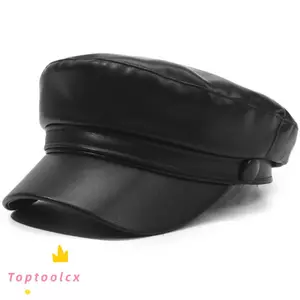 Mũ họa sĩ TOPTOOLCX, Mũ nồi da PU có thể điều chỉnh, Mũ che mặt thủy thủ phẳng màu đen phong cách Punk
