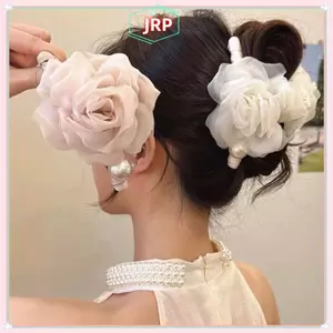 JRP Thanh Lịch Tinh Tế Lớn Vải Lưới Hoa Hồng Hoa Tóc Cho Nữ Cô Gái Giả Ngọc Trai Hoa Cá Mập Kẹp Phụ Kiện Tóc JRP