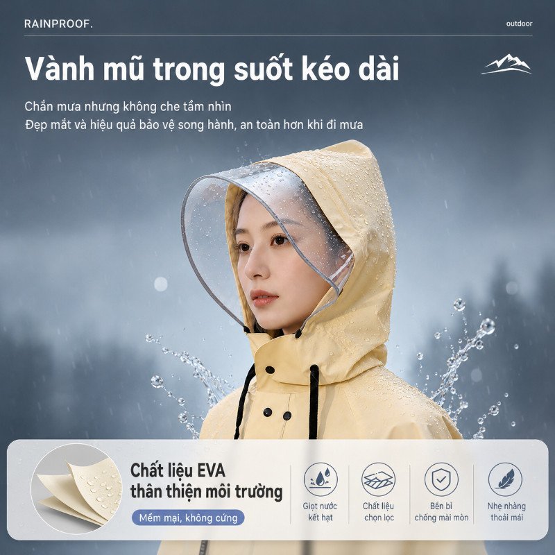 Áo Mưa Dài đi Xe Máy Chống Mưa Lớn Chất Liệu Eva Dây Rút Eo Cổ Tay Chun Mũ Trong Suốt