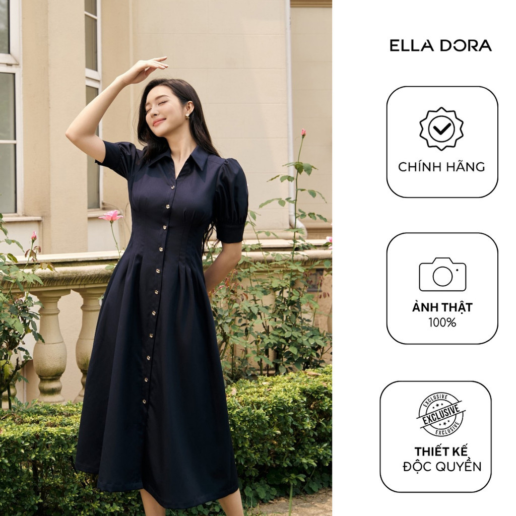 Đầm công sở nữ ELLA DORA thiết kế cổ sơ mi dáng dài trẻ trung hiện đại màu XANH NAVY [D230]