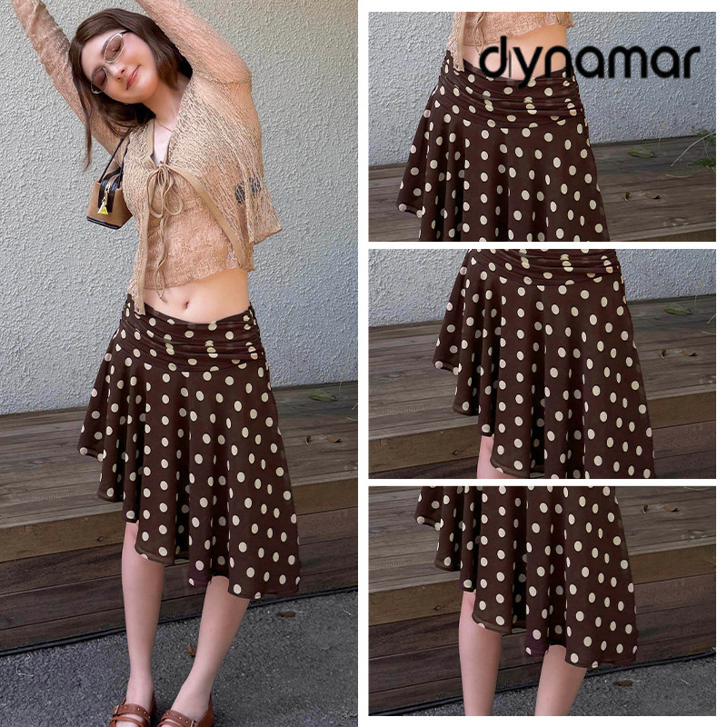 【dynamar】Chân Váy Voan Chấm Bi Vạt Chéo Vintage Nữ, Váy Voan Chấm Bi Nâu Dáng Xòe Hàn Quốc
