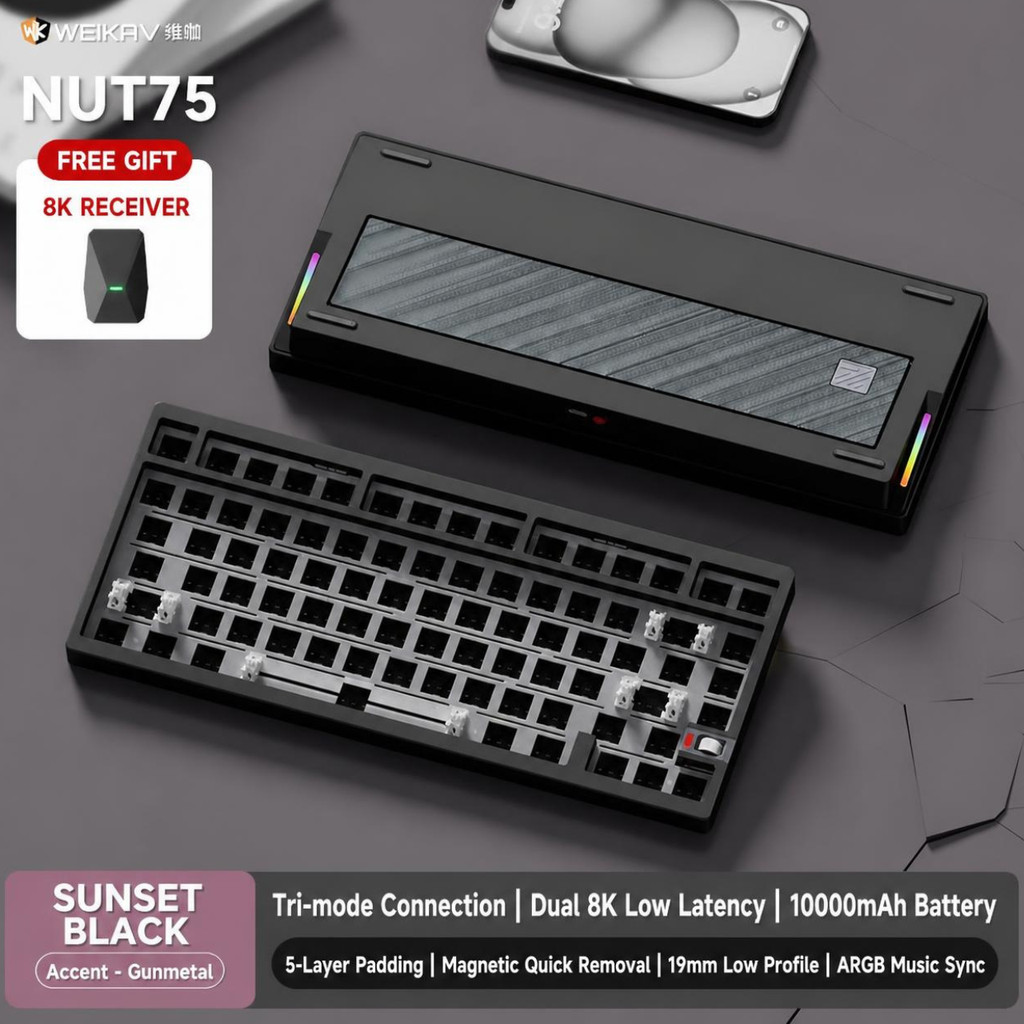 [BH 6 tháng] Weikav NUT75 - Bàn phím cơ khung nhôm CNC, núm xoay, âm poppy, gõ cực đã, pin 10000mah, tạ trang trí | BigBuy360 - bigbuy360.vn