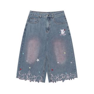 Thiết Kế Tiểu Thuyết Mèo Con Ngôi Sao Thêu Denim Crop Quần Hoạt Hình Hàng Hóa Nữ Rời Ôm Hơn Nhìn Rộng-